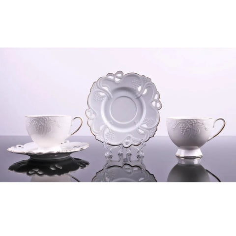 Set de 2 cesti cu 2 farfurioare pentru ceai sau cafea, Malooki, model dantelat