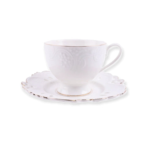 Set de 2 cesti cu 2 farfurioare pentru ceai sau cafea, Malooki, model dantelat