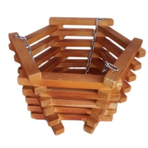 Suport ghiveci flori suspendat cu lant, din lemn, Hexagonal, 30x25 cm