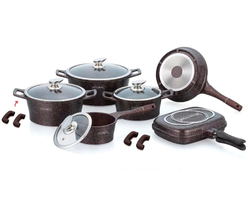 Set cratite marmorate, 14 piese, invelis marmura, Royalty Line maro inchis cu picatele