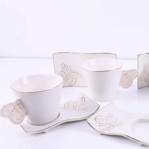 Set de cesti pentru cafea sau ceai Malooki, 6 cesti 200 ml cu 6 farfurioare, Fluture