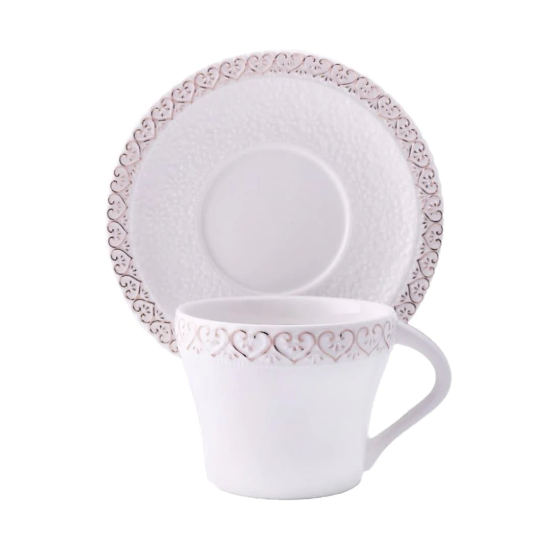 Set 6 cesti cu 6 farfurioare pentru cafea, 130 ml, model inimioare, Malooki