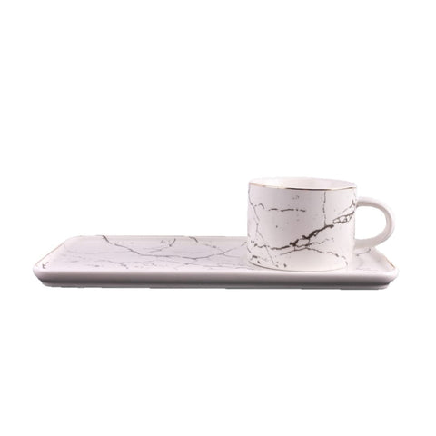 Set 2 cesti cafea sau ceai cu farfurioare, ceramica fina, marmura alba Malooki