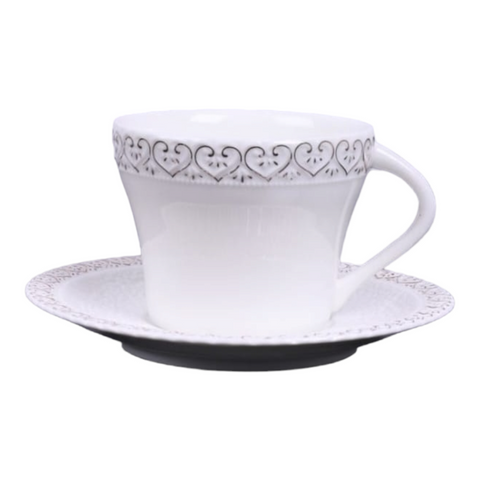 Set 6 cesti cu 6 farfurioare pentru cafea, 130 ml, model inimioare, Malooki