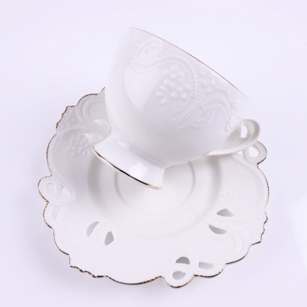 Set de 2 cesti cu 2 farfurioare pentru ceai sau cafea, Malooki, model dantelat