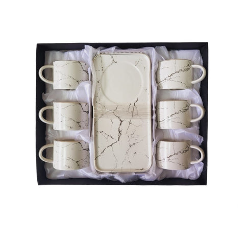 Set 6 cesti cafea sau ceai cu farfurioare, ceramica fina, model marmura alba Malooki