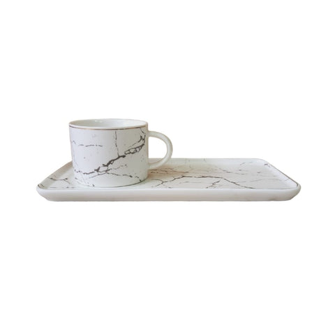 Set 6 cesti cafea sau ceai cu farfurioare, ceramica fina, model marmura alba Malooki