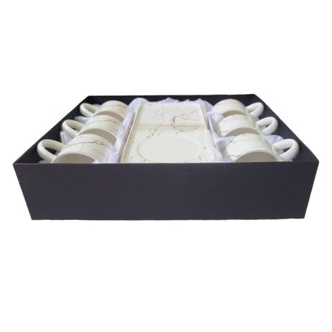Set 6 cesti cafea sau ceai cu farfurioare, ceramica fina, model marmura alba Malooki