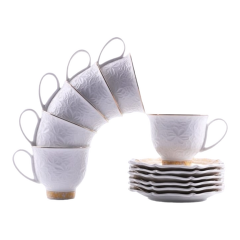 Set 6 cesti cu 6 farfurioare pentru ceai sau cafea, Malooki, model in relief, margine aurie