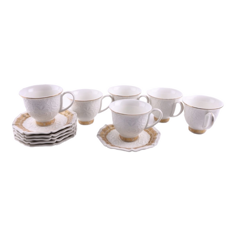 Set 6 cesti cu 6 farfurioare pentru ceai sau cafea, Malooki, model in relief, margine aurie