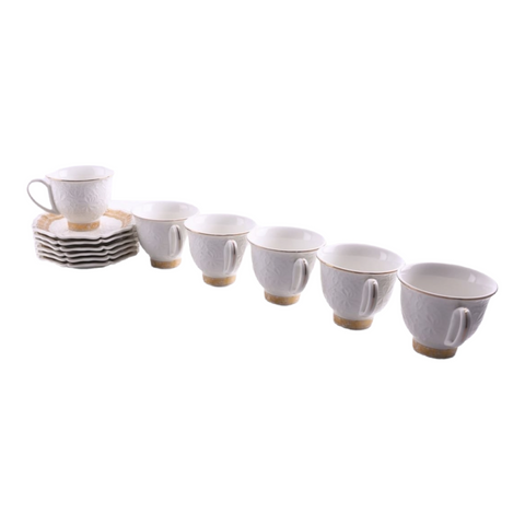 Set 6 cesti cu 6 farfurioare pentru ceai sau cafea, Malooki, model in relief, margine aurie