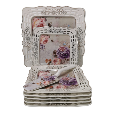 Serviciu pentru desert pentru 6 persoane, 22 de piese, set pentru tort + set de cesti , ceainic, zaharnita si latiera, Malooki, Peonies G
