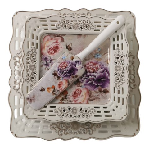 Serviciu pentru desert pentru 6 persoane, 22 de piese, set pentru tort + set de cesti , ceainic, zaharnita si latiera, Malooki, Peonies G