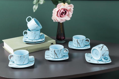 Set de 6 cesti cu 6 farfurii 150 ml, Malooki albastru cu insertii aurii
