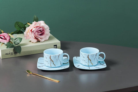 Set de 6 cesti cu 6 farfurii 150 ml, Malooki albastru cu insertii aurii