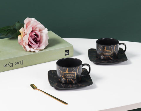Set de 6 cesti cu 6 farfurii 150 ml, negru, Malooki Luxury Collection