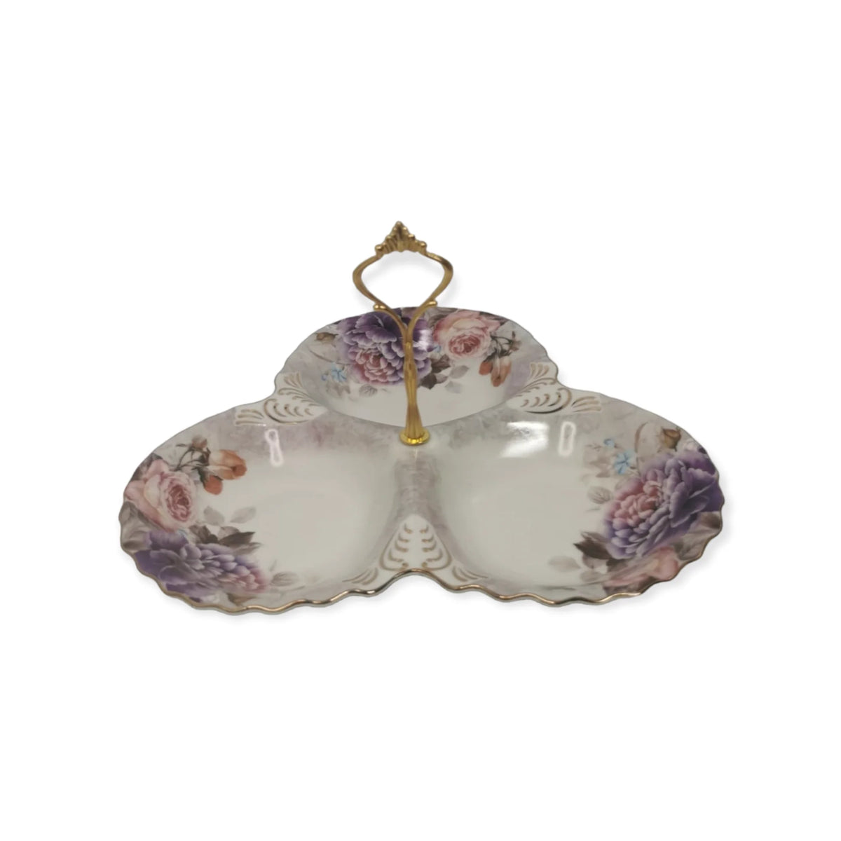 Platou compartimentat Malooki cu maner auriu, model floral, Peonies G