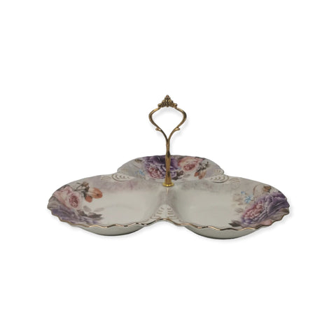 Platou compartimentat Malooki cu maner auriu, model floral, Peonies G
