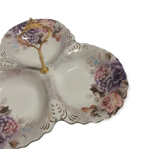 Platou compartimentat Malooki cu maner auriu, model floral, Peonies G