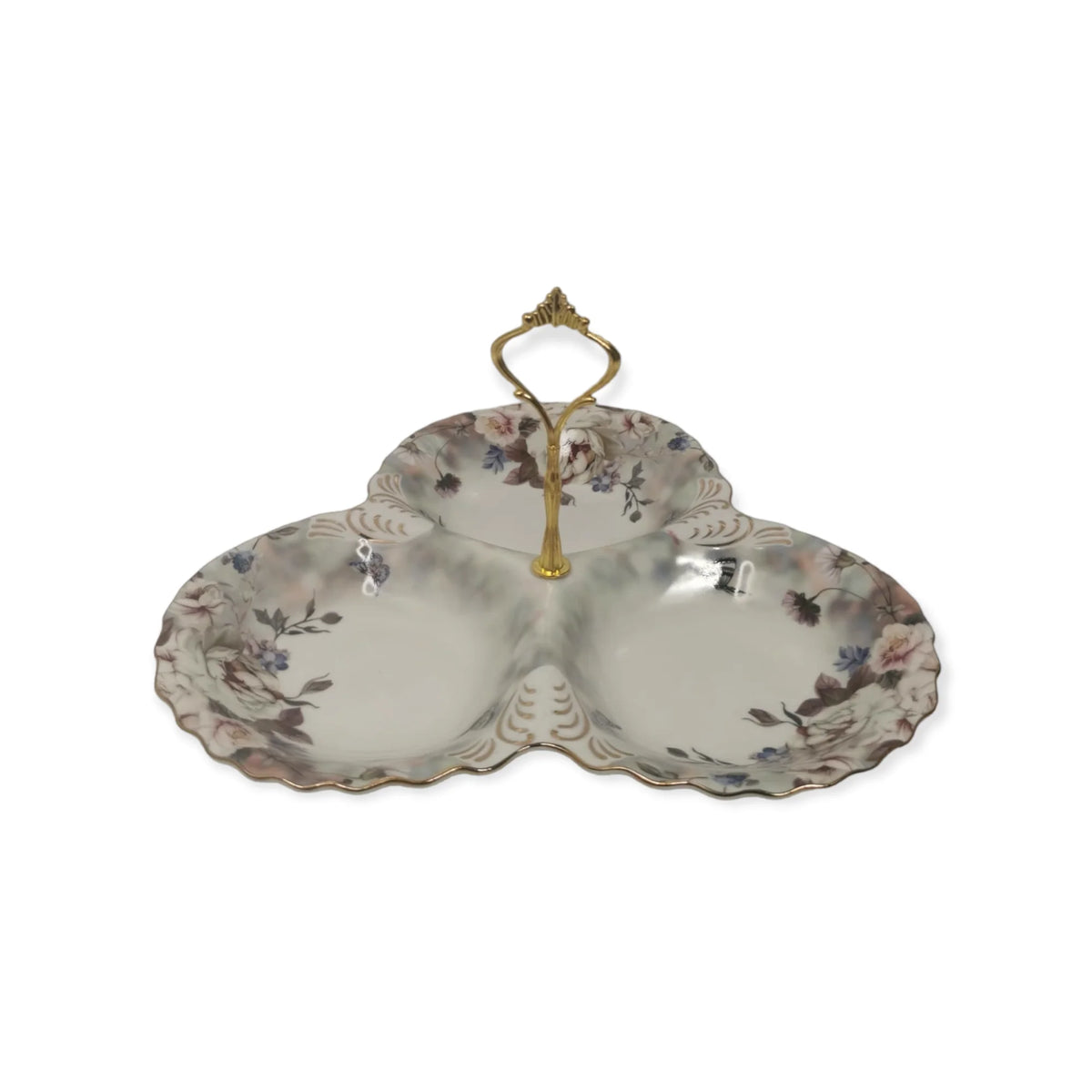 Platou compartimentat malooki, model floral, cu maner auriu