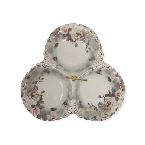 Platou compartimentat malooki, model floral, cu maner auriu