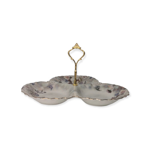 Platou compartimentat malooki, model floral, cu maner auriu