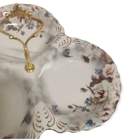 Platou compartimentat malooki, model floral, cu maner auriu