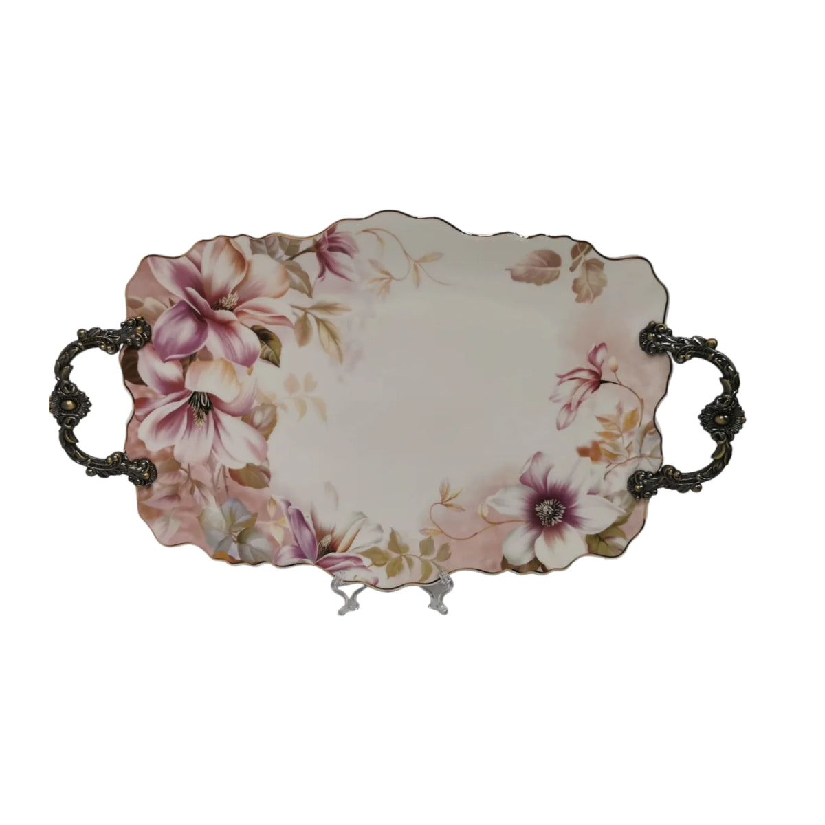 Platou din portelan, Malooki, cu manere metalice 42 x 27 cm, Pink flowers