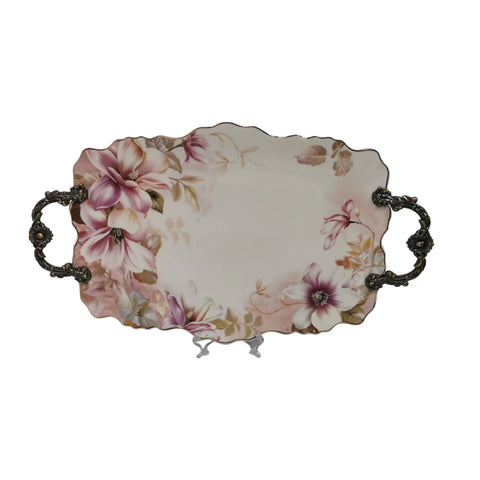 Platou din portelan, Malooki, cu manere metalice 42 x 27 cm, Pink flowers