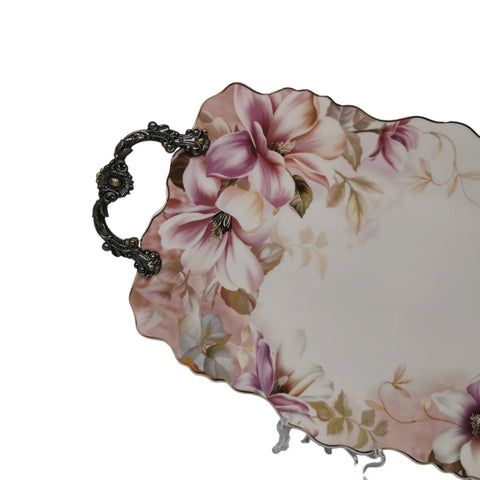 Platou din portelan, Malooki, cu manere metalice 42 x 27 cm, Pink flowers