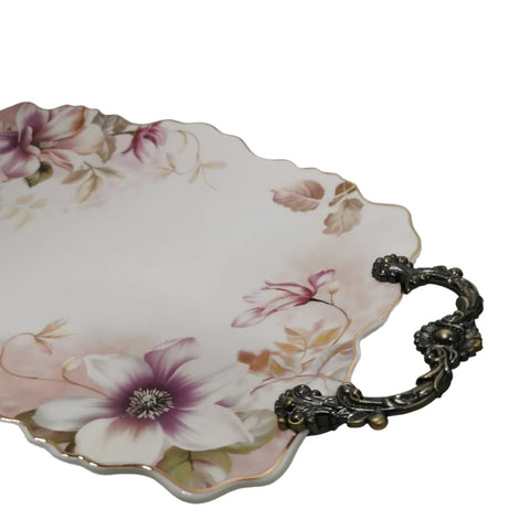 Platou din portelan, Malooki, cu manere metalice 42 x 27 cm, Pink flowers
