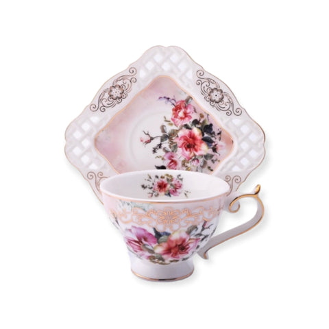 Set de 2 cesti cu 2 farfurioare MALOOKI Luxury Collection, imprimeuri florale, 190 ml