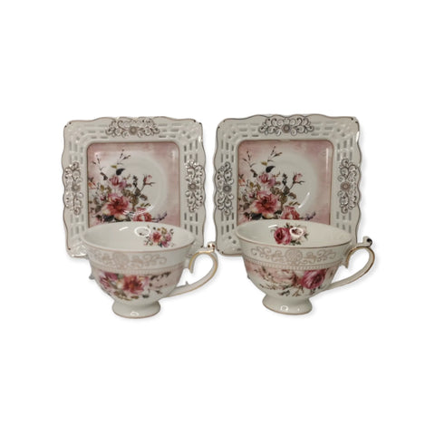 Set de 2 cesti cu 2 farfurioare MALOOKI Luxury Collection, imprimeuri florale, 190 ml