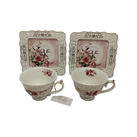 Set de 2 cesti cu 2 farfurioare MALOOKI Luxury Collection, imprimeuri florale, 190 ml