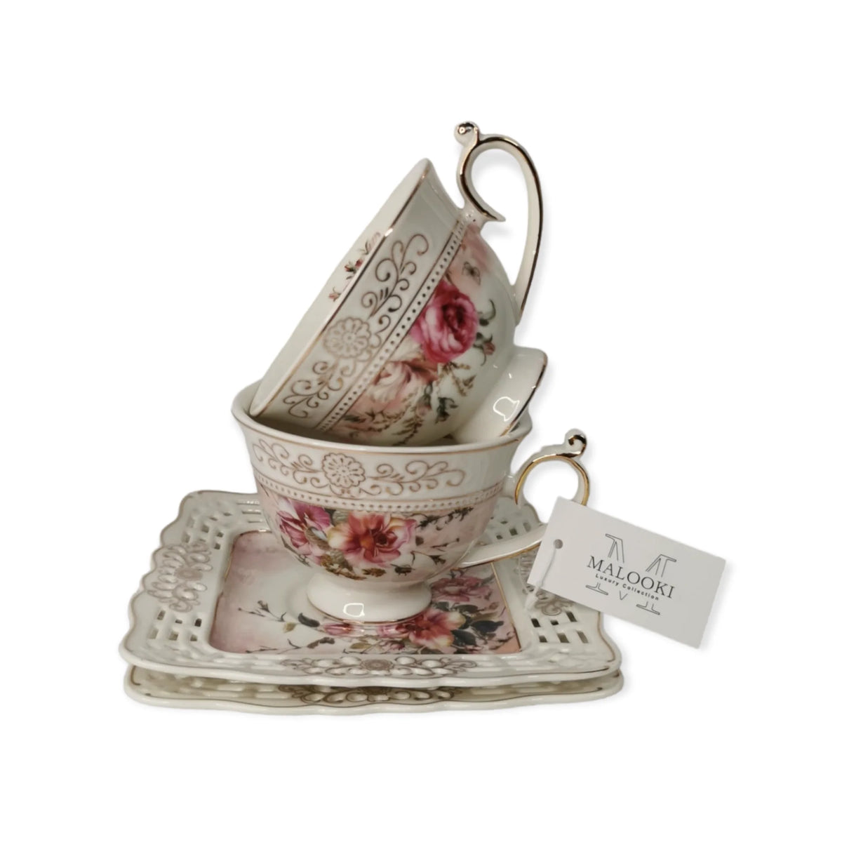 Set de 2 cesti cu 2 farfurioare MALOOKI Luxury Collection, imprimeuri florale, 190 ml