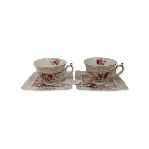Set de 2 cesti cu 2 farfurioare MALOOKI Luxury Collection, imprimeuri florale, 190 ml
