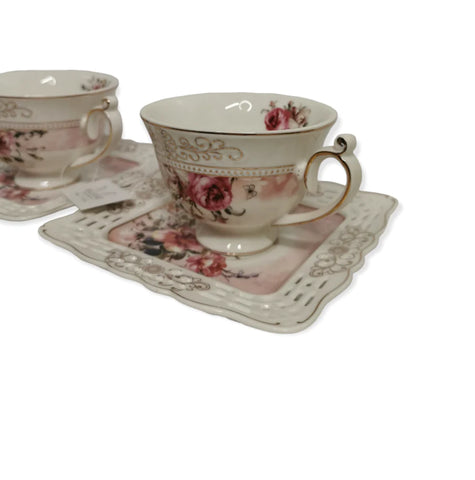 Set de 2 cesti cu 2 farfurioare MALOOKI Luxury Collection, imprimeuri florale, 190 ml