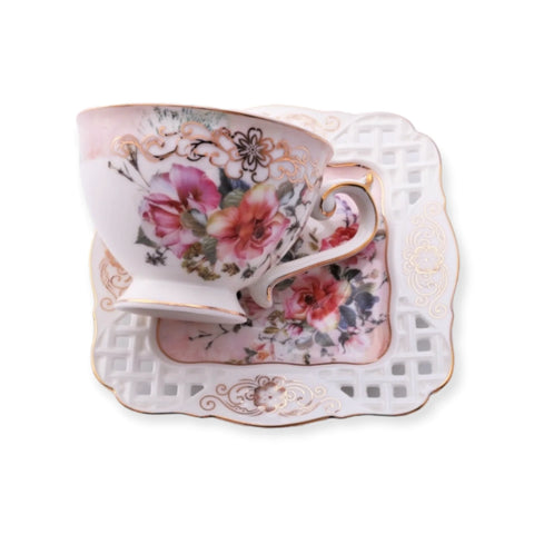 Set de 2 cesti cu 2 farfurioare MALOOKI Luxury Collection, imprimeuri florale, 190 ml