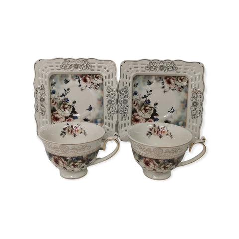 Set 2 cesti cu 2 farfurioare MALOOKI Luxury Collection, imprimeuri florale, 190 ml