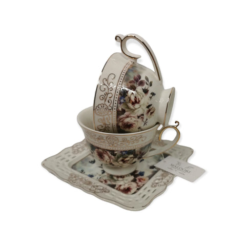 Set 2 cesti cu 2 farfurioare MALOOKI Luxury Collection, imprimeuri florale, 190 ml
