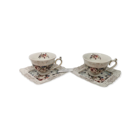 Set 2 cesti cu 2 farfurioare MALOOKI Luxury Collection, imprimeuri florale, 190 ml