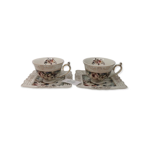 Set 2 cesti cu 2 farfurioare MALOOKI Luxury Collection, imprimeuri florale, 190 ml