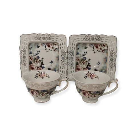Set 2 cesti cu 2 farfurioare MALOOKI Luxury Collection, imprimeuri florale, 190 ml