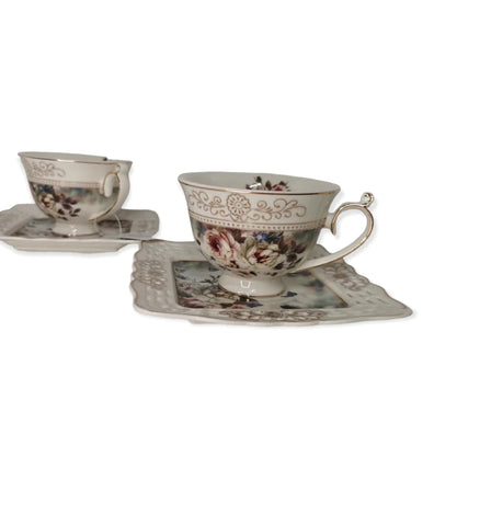 Set 2 cesti cu 2 farfurioare MALOOKI Luxury Collection, imprimeuri florale, 190 ml
