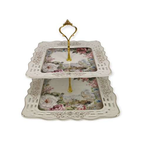Platou etajat 2 nivele, patrat, model floral, Malooki Luxury