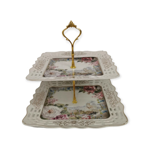 Platou etajat 2 nivele, patrat, model floral, Malooki Luxury