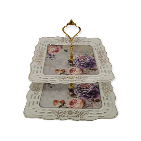 Platou etajat 2 nivele, patrat, model floral, Malooki Peonies G