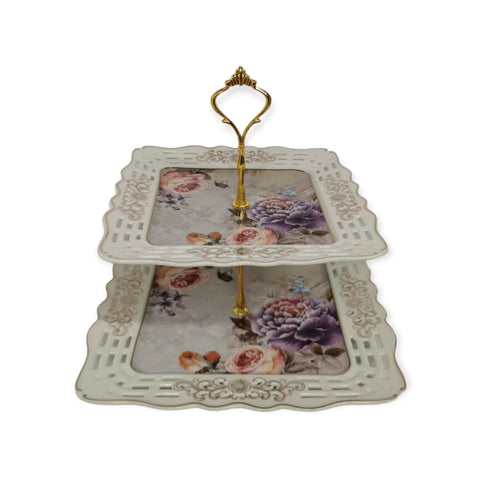 Platou etajat 2 nivele, patrat, model floral, Malooki Peonies G