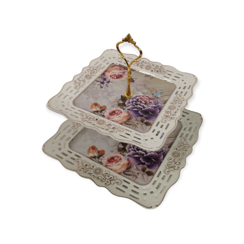 Platou etajat 2 nivele, patrat, model floral, Malooki Peonies G