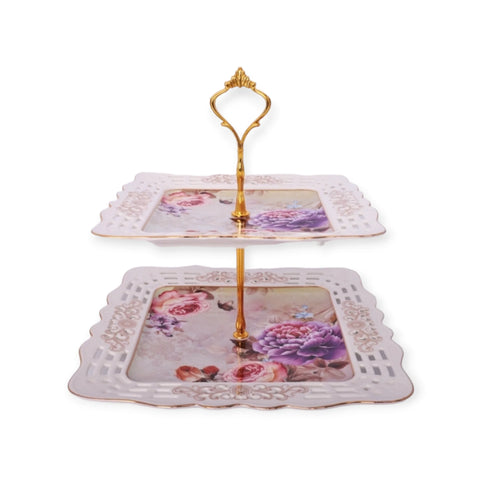Platou etajat 2 nivele, patrat, model floral, Malooki Peonies G